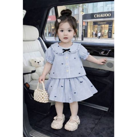 Set váy áo sơ mi nơ thiết kế xinh xắn dễ thương điệu đà mùa hè mặc đi chơi đi học cho bé gái 8-20kg kèm ảnh thật