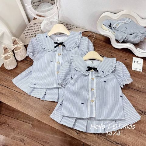 Set váy áo sơ mi nơ thiết kế xinh xắn dễ thương điệu đà mùa hè mặc đi chơi đi học cho bé gái 8-20kg kèm ảnh thật