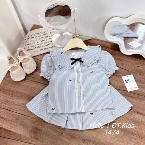 Set váy áo sơ mi nơ thiết kế xinh xắn dễ thương điệu đà mùa hè mặc đi chơi đi học cho bé gái 8-20kg kèm ảnh thật
