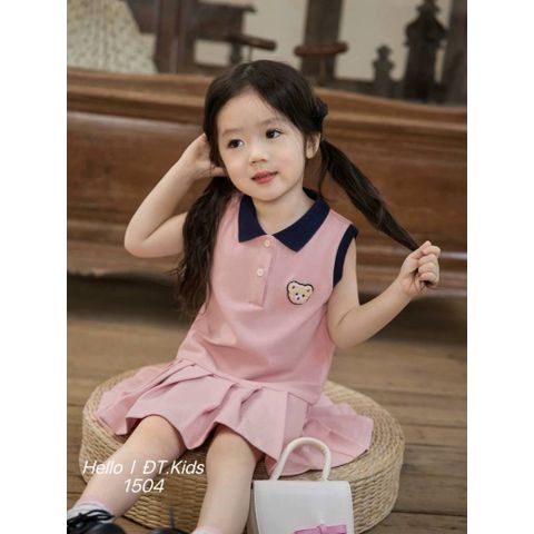 Váy ba lỗ cotton thêu gấu cổ polo viền xinh xắn đáng yêu mát mẻ thoáng khí mùa hè phong cách hàn quốc cho bé gái