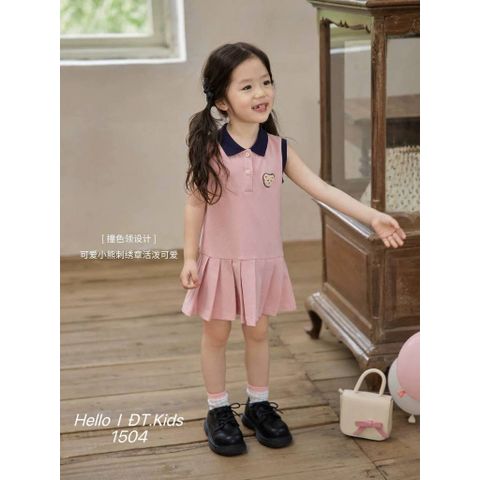 Váy ba lỗ cotton thêu gấu cổ polo viền xinh xắn đáng yêu mát mẻ thoáng khí mùa hè phong cách hàn quốc cho bé gái