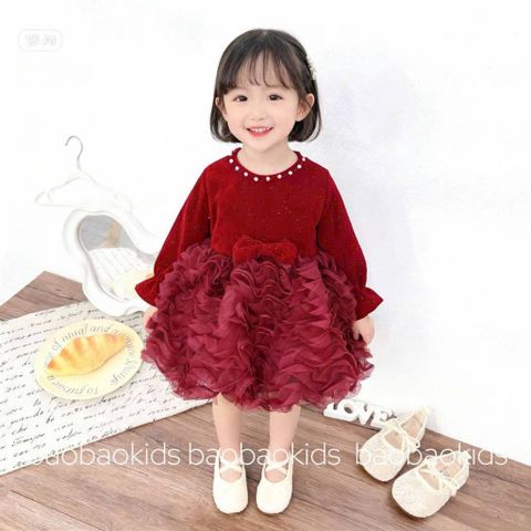 Váy nhung đỏ xòe bồng sóng xinh xắn điệu đà mặc Tết cho bé gái đi chơi 9-22kg