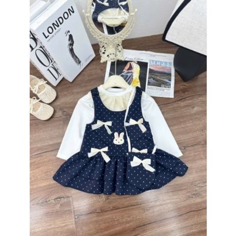Set váy yếm chấm bi nơ thỏ con kèm áo len tăm cổ ren giữ nhiệt và túi xinh xắn đáng yêu cho bé gái mặc đi chơi 8-13kg