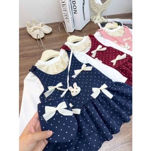 Set váy yếm chấm bi nơ thỏ con kèm áo len tăm cổ ren giữ nhiệt và túi xinh xắn đáng yêu cho bé gái mặc đi chơi 8-13kg