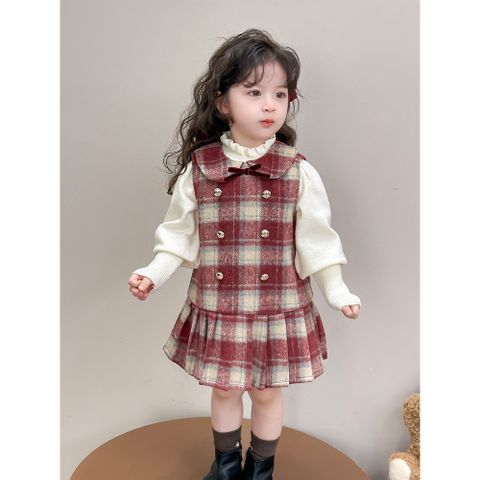 Hàng QC Set váy dạ tweed kẻ phối nơ kèm áo len vintage cho bé gái xinh xắn dễ thương thu đông hàn quốc hottrend