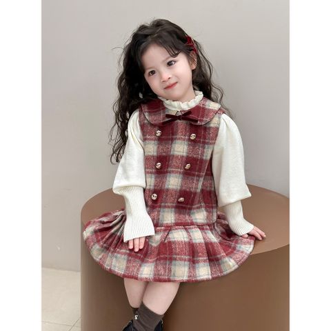 Hàng QC Set váy dạ tweed kẻ phối nơ kèm áo len vintage cho bé gái xinh xắn dễ thương thu đông hàn quốc hottrend