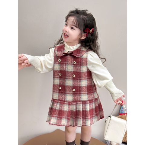 Hàng QC Set váy dạ tweed kẻ phối nơ kèm áo len vintage cho bé gái xinh xắn dễ thương thu đông hàn quốc hottrend
