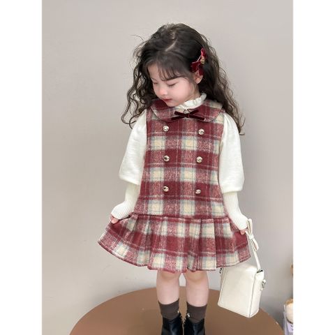 Hàng QC Set váy dạ tweed kẻ phối nơ kèm áo len vintage cho bé gái xinh xắn dễ thương thu đông hàn quốc hottrend