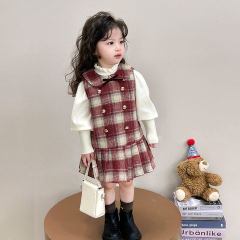 Hàng QC Set váy dạ tweed kẻ phối nơ kèm áo len vintage cho bé gái xinh xắn dễ thương thu đông hàn quốc hottrend