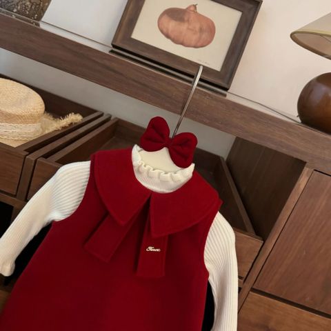 Hàng QC - Váy dạ đỏ ba lỗ kèm áo len vintage hàn quốc mặc đi chơi Tết ấm áp dày dặn cho bé gái