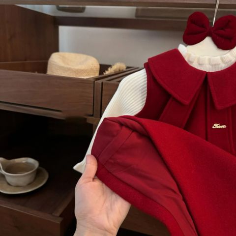 Hàng QC - Váy dạ đỏ ba lỗ kèm áo len vintage hàn quốc mặc đi chơi Tết ấm áp dày dặn cho bé gái