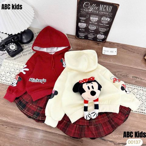 Set áo nỉ micky hoodie lót bông kèm chân váy dạ ấm xinh xắn dễ thương mặc đi chơi mùa đông noel Tết cho bé gái 10-30kg