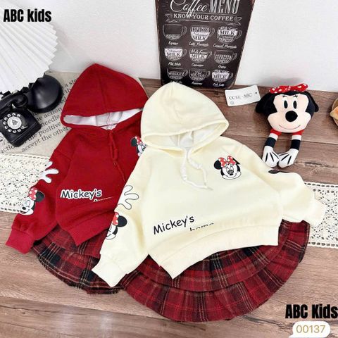 Set áo nỉ micky hoodie lót bông kèm chân váy dạ ấm xinh xắn dễ thương mặc đi chơi mùa đông noel Tết cho bé gái 10-30kg