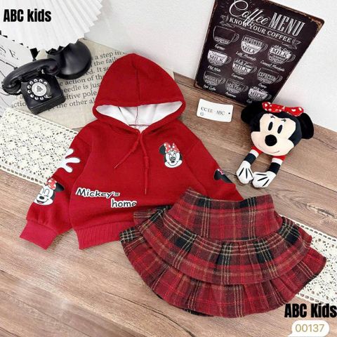 Set áo nỉ micky hoodie lót bông kèm chân váy dạ ấm xinh xắn dễ thương mặc đi chơi mùa đông noel Tết cho bé gái 10-30kg