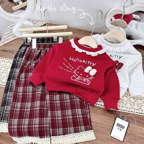 Set áo nỉ hello kitty cute đáng yêu xinh xắn lót lông kèm quần dạ kẻ ren mùa đông ấm áp dày dặn 10-30kg cho bé gái