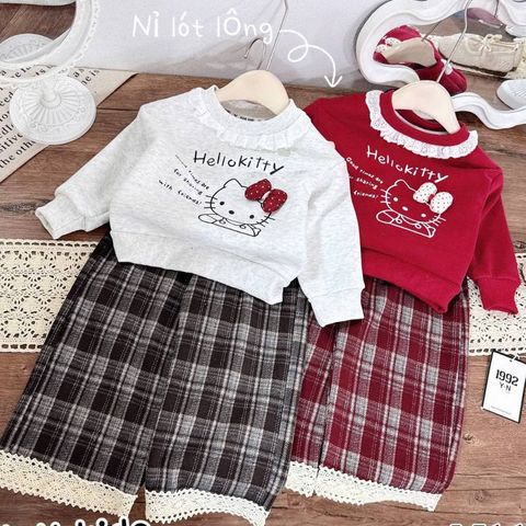 Set áo nỉ hello kitty cute đáng yêu xinh xắn lót lông kèm quần dạ kẻ ren mùa đông ấm áp dày dặn 10-30kg cho bé gái