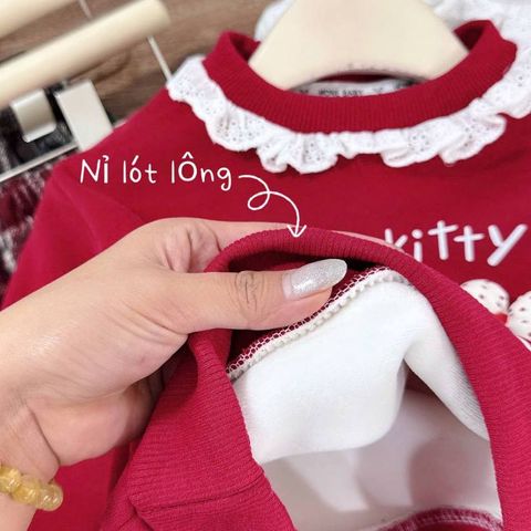 Set áo nỉ hello kitty cute đáng yêu xinh xắn lót lông kèm quần dạ kẻ ren mùa đông ấm áp dày dặn 10-30kg cho bé gái