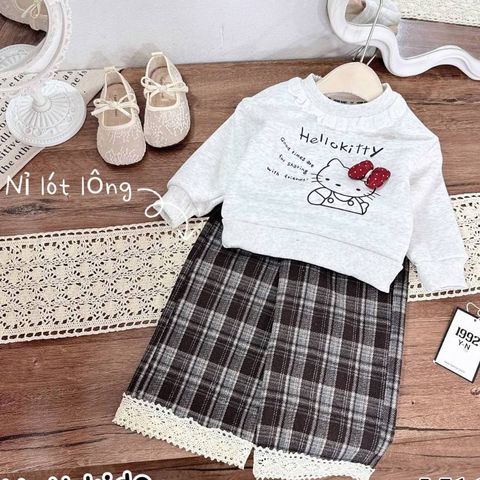 Set áo nỉ hello kitty cute đáng yêu xinh xắn lót lông kèm quần dạ kẻ ren mùa đông ấm áp dày dặn 10-30kg cho bé gái