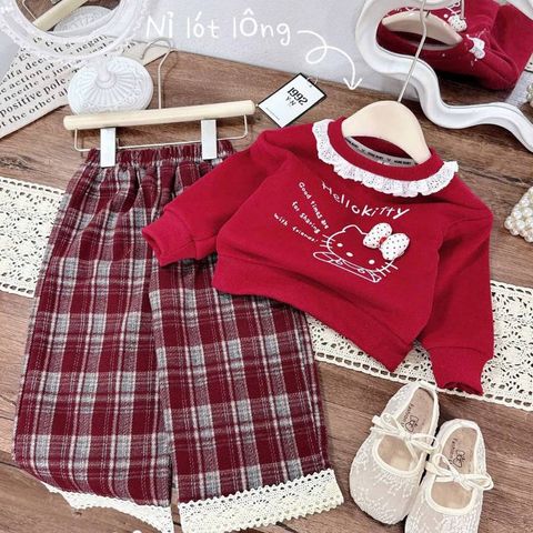 Set áo nỉ hello kitty cute đáng yêu xinh xắn lót lông kèm quần dạ kẻ ren mùa đông ấm áp dày dặn 10-30kg cho bé gái