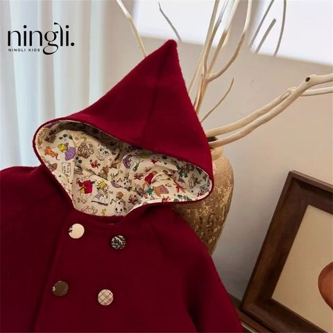 Hàng QC - Áo khoác dạ ép đỏ có mũ chóp ấm áp dày dặn vintage hàn quốc mùa đông mặc noel Tết cho bé