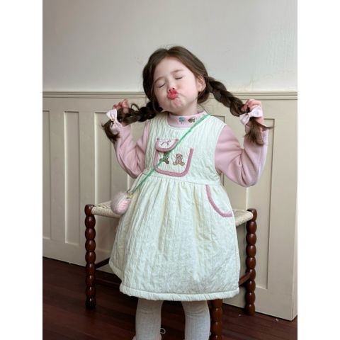 Hàng QC Váy ba lỗ gấu cute đáng yêu lót bông ấm áp dày dặn kèm áo thun dài tay cho bé gái phong cách thu đông