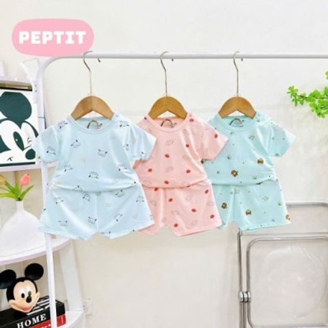 Bộ thun petit cộc tay thun lạnh cổ tròn mềm mát thoáng khí hoạt hình mùa hè cho bé