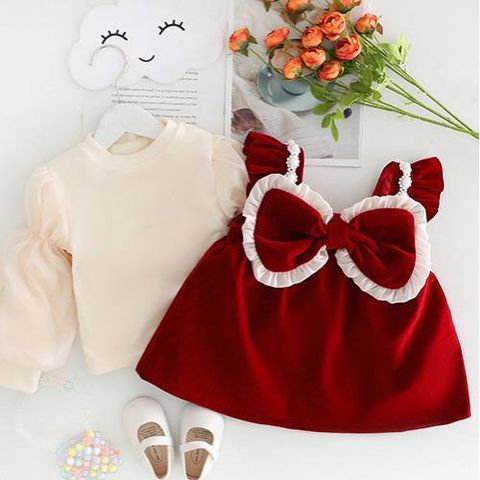 Set váy nhung kèm áo giữ nhiệt tay bồng xinh xắn dễ thương ấm áp điệu đà mùa đông cho bé gái