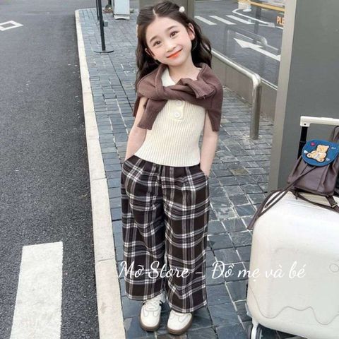 Set bộ áo ba lỗ len kèm áo len và quần kẻ xinh xắn thu đông cho bé gái 10-30kg kèm ảnh thật