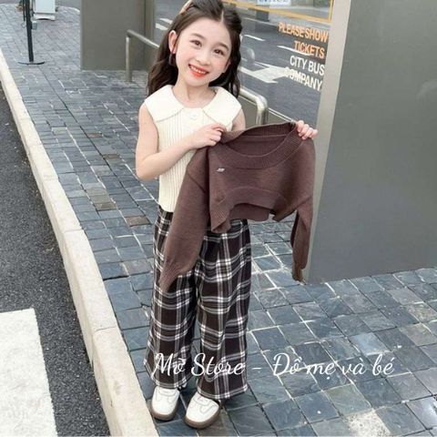 Set bộ áo ba lỗ len kèm áo len và quần kẻ xinh xắn thu đông cho bé gái 10-30kg kèm ảnh thật