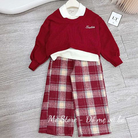Set bộ áo ba lỗ len kèm áo len và quần kẻ xinh xắn thu đông cho bé gái 10-30kg kèm ảnh thật