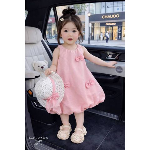 Váy đũi bí bồng đính nơ xinh xắn điệu đà kèm mũ mặc đi chơi đi biển mùa hè mát mẻ cho bé gái phong cách hàn quốc