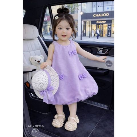 Váy đũi bí bồng đính nơ xinh xắn điệu đà kèm mũ mặc đi chơi đi biển mùa hè mát mẻ cho bé gái phong cách hàn quốc