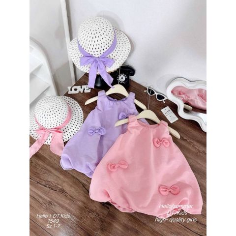 Váy đũi bí bồng đính nơ xinh xắn điệu đà kèm mũ mặc đi chơi đi biển mùa hè mát mẻ cho bé gái phong cách hàn quốc