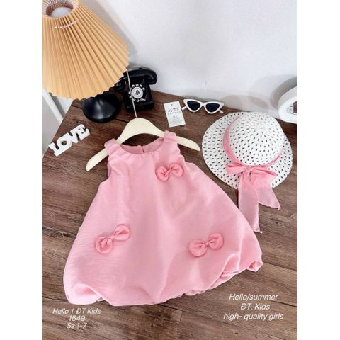 Váy đũi bí bồng đính nơ xinh xắn điệu đà kèm mũ mặc đi chơi đi biển mùa hè mát mẻ cho bé gái phong cách hàn quốc