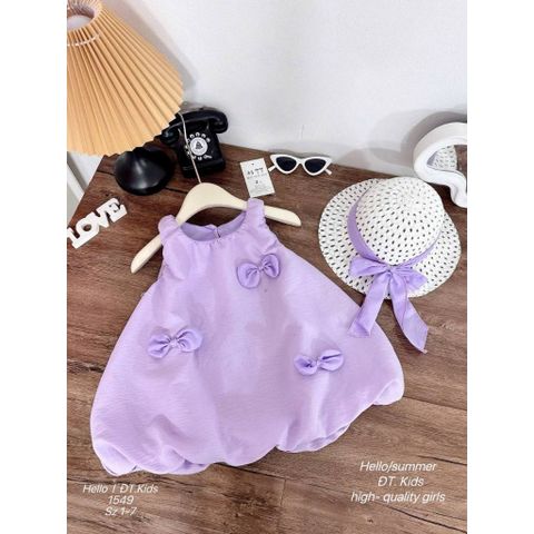 Váy đũi bí bồng đính nơ xinh xắn điệu đà kèm mũ mặc đi chơi đi biển mùa hè mát mẻ cho bé gái phong cách hàn quốc