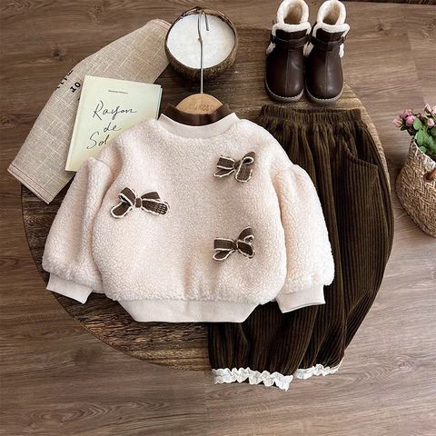 Hàng QC Set áo len lông cừu đính nơ kèm quần nhung vintage hàn quốc thu đông xinh xắn điệu đà cho bé gái