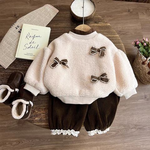 Hàng QC Set áo len lông cừu đính nơ kèm quần nhung vintage hàn quốc thu đông xinh xắn điệu đà cho bé gái
