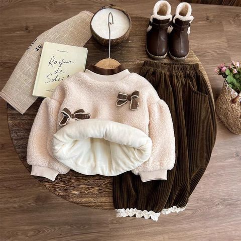 Hàng QC Set áo len lông cừu đính nơ kèm quần nhung vintage hàn quốc thu đông xinh xắn điệu đà cho bé gái