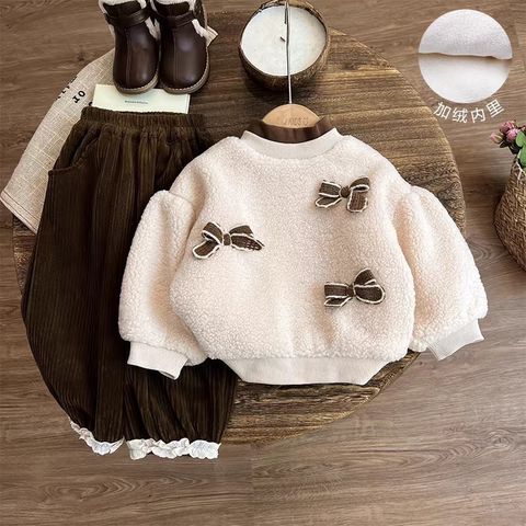Hàng QC Set áo len lông cừu đính nơ kèm quần nhung vintage hàn quốc thu đông xinh xắn điệu đà cho bé gái