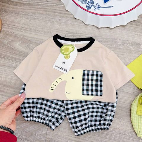 Bộ thun cotton voi con cute dễ thương kèm quần short đũi kẻ đáng yêu phong cách hàn quốc mùa hè cho bé trai