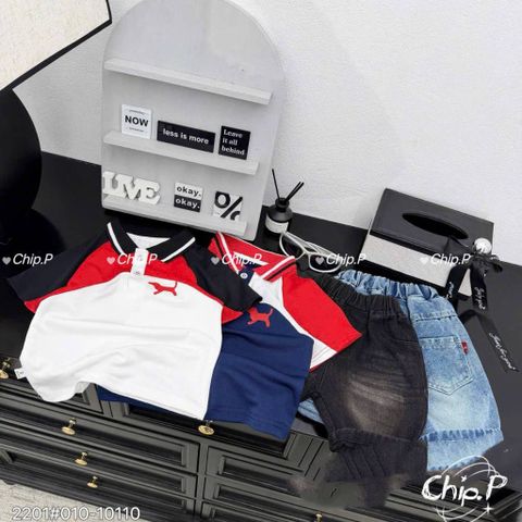 Set áo polo chó con phối màu kèm quần short jean boy phố công tử cho bé trai mùa hè mát mẻ mặc đi chơi hot hit