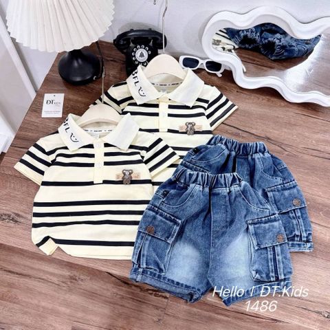 Set áo polo gấu kẻ kèm quần short jean túi hộp cho bé trai mùa hè mặc đi chơi đi học