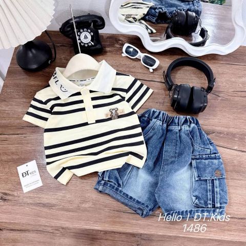 Set áo polo gấu kẻ kèm quần short jean túi hộp cho bé trai mùa hè mặc đi chơi đi học