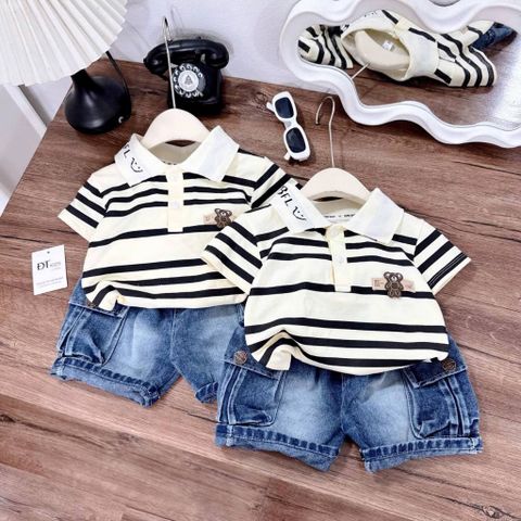 Set áo polo gấu kẻ kèm quần short jean túi hộp cho bé trai mùa hè mặc đi chơi đi học