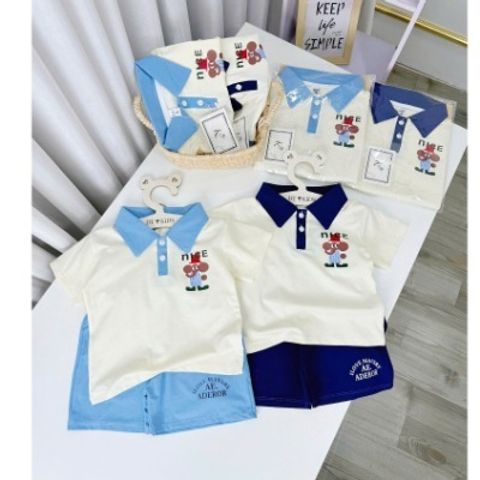 Bộ đồ cotton bé trai cổ bẻ Nice gấu siêu mát thoáng khí mùa hè 10-28kg