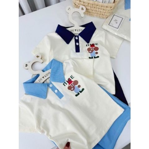 Bộ đồ cotton bé trai cổ bẻ Nice gấu siêu mát thoáng khí mùa hè 10-28kg