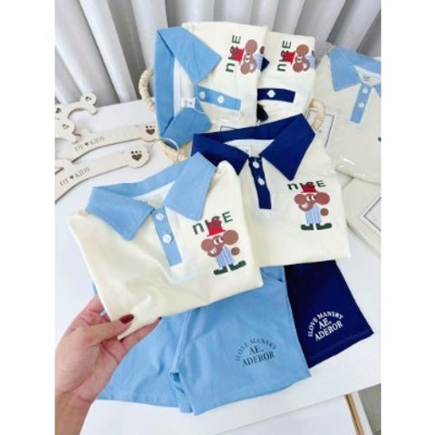 Bộ đồ cotton bé trai cổ bẻ Nice gấu siêu mát thoáng khí mùa hè 10-28kg