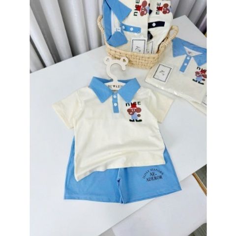 Bộ đồ cotton bé trai cổ bẻ Nice gấu siêu mát thoáng khí mùa hè 10-28kg