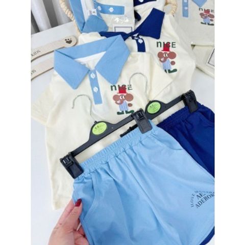 Bộ đồ cotton bé trai cổ bẻ Nice gấu siêu mát thoáng khí mùa hè 10-28kg