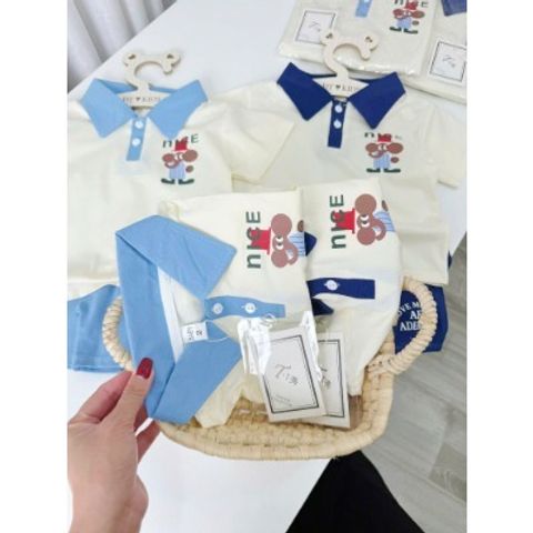 Bộ đồ cotton bé trai cổ bẻ Nice gấu siêu mát thoáng khí mùa hè 10-28kg